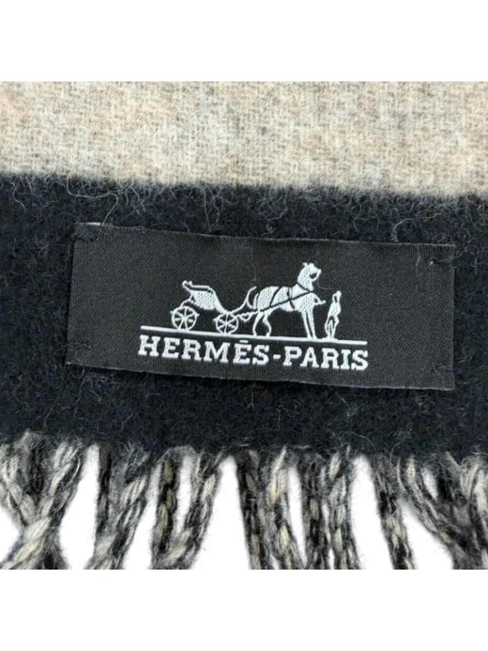 Hermes Love Story Scarf Cashmere with Fringe Horse Pattern Black Beige